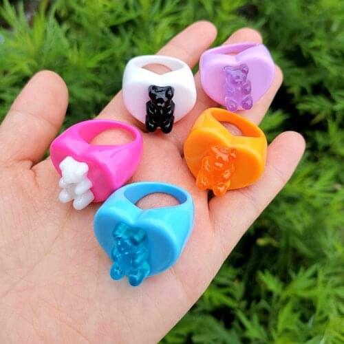 Lost Lady New Cute Bear Resin Heart Rings Fashion Multicolor Chunky Finger Rings for Women Party Jewelry Gift Wholesale