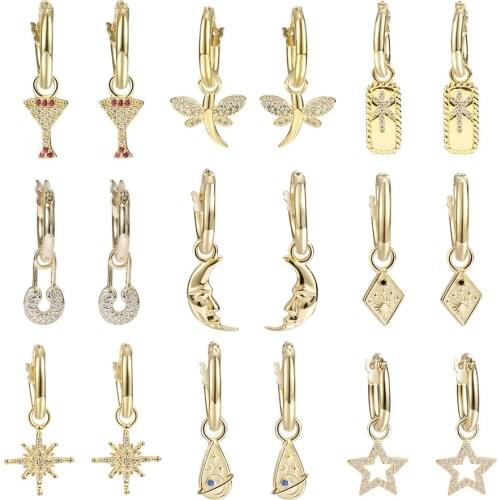 2019 New 925 Sterling Silver Gold Hanging Hoop Earrings For Women Lightning Star Moon Dragonfly Charm Small Hoop Earring DA922