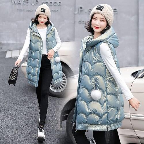 Solid Hooded Womens Winter Vest Long Style Thick Female Sleeveless Waistcoat Cotton Padded Vest Jacket With Pocket