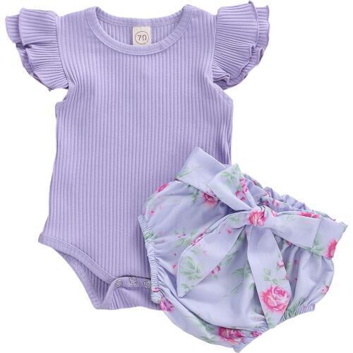 0-18M Toddler Baby Girl Summer Clothing Ribbed knitted Romper Short Sleeve Floral Bow High Waist Shorts 2pcs Baby Girl Suits