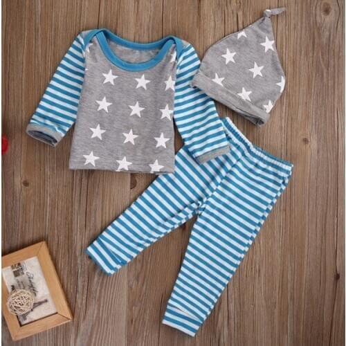 3pcs Fashion Baby Boy Clothes Newborn Toddler Infant Star Striped New Hat Top Coat +Pants Trouser Outfit 0-24M Children Clothing