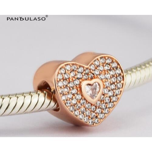 925 Sterling Silver Jewelry Bead Fits European Silver Charm Bracelet & Choker Heart Bead Stones Paved Rose Gold Color Jewelry