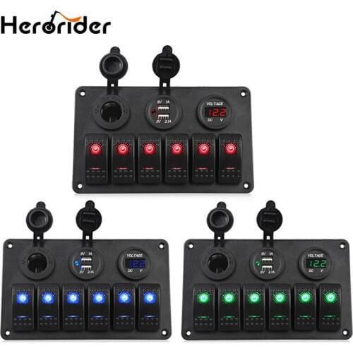 Herorider Car Switch Panel Dual USB Car Charger 12V Voltmeter 6 Gang Auto Boat Marine Cigarette Lighter Led Rocker Switch Panel