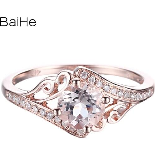 BAIHE Solid 14k Rose Gold 0.81ct Round Genuine Morganite Engagement Ring Wedding Gift Trendy Fine Jewelry Sweet Morganite Ring