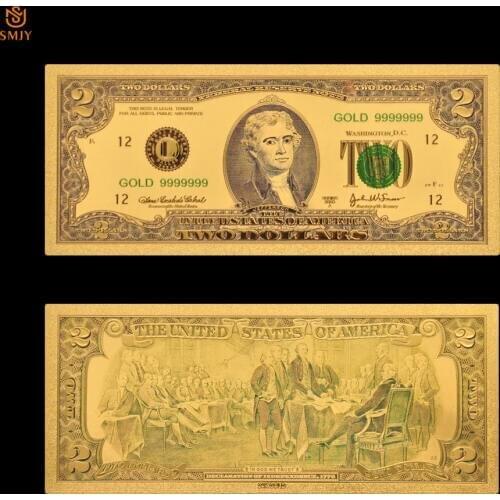 US Gold 999 24K Gold Banknote 2 Dollar Fake Currency Paper Gold Plated Banknotes Paper Money Collecting