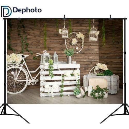 DePhoto White Bicycle Photogrpahy Backdrops Wood Floor Flowers Photo Background Newborn Shower Backdrop Wedding Photo Props