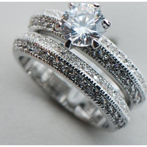 White Crystal Zircon 925 Sterling Silver Engagement Wedding Two Ring Size 6 7 8 9 10 F1111