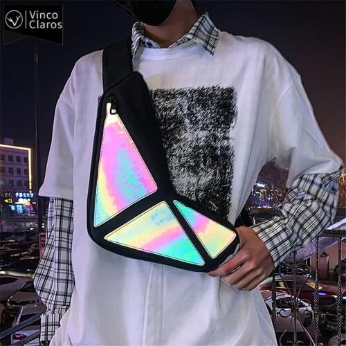 Cool Reflective Mens USB Chest Bag Trend Designer Holographic Crossbody Bags for Men Hip Hop Streetwear Couple Bag Waterproof