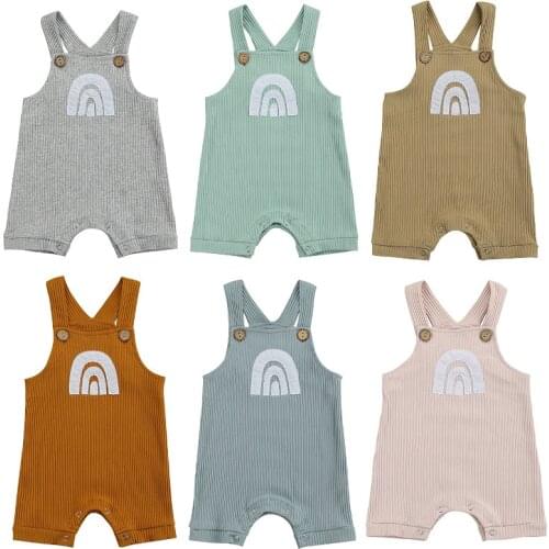 Newborn Baby Shorts Overalls 2021 Summer Fall Boys Girls Rainbow Print Sleeveless Ribbed Romper Jumpsuits Toddler Outfits 0-24M