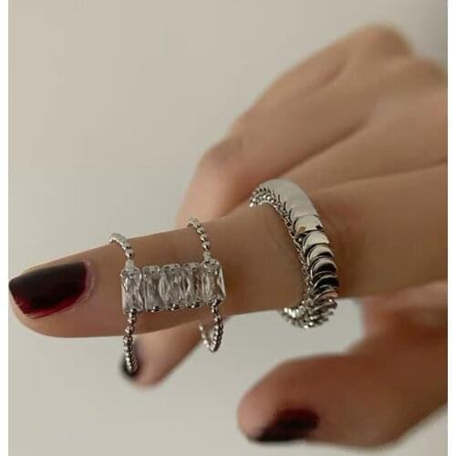 FFLACELL Korean Fashion Geometric Square Purple Rhinestone Metal Chain Zircon Rings for Women Girl Jewelry 2021 NEW