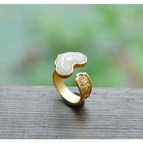 Natural Hetian Jade White Jade Ruyi Xiangyun Ring S925 Sterling Silver Jade Opening Adjustable Gift for Women