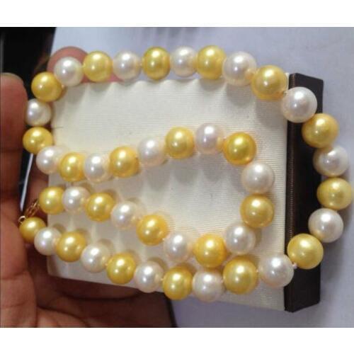 Beautiful 18" INCH NATURAL SOUTH SEA 10-11MM WHITE + GOLDEN PEARL NECKLACE BRACELET Yellow CLASP