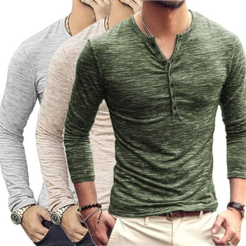 Men Slim Fit Tee Shirt Long Sleeve Autumn Spring Henley Tshirt Streetwear Button Collar Hipster Tshirt Men Clothing Basic Top T