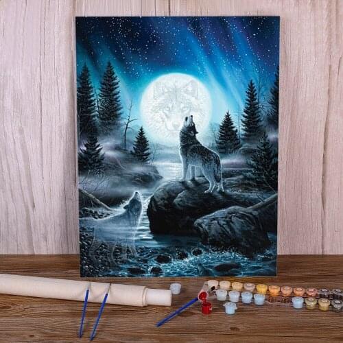 Wolf Night Moon Coloring By Numbers Painting Set Acrylic Paints 40*50 Canvas Painting Wall Decoration For Wholesale