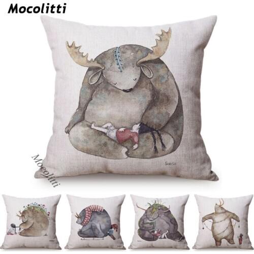 Water Color Cartoon Animal Sofa Throw Pillowcase Whale Bear and Cute Little Girl Pattern Home Decor Square Cushion Cover Cojines