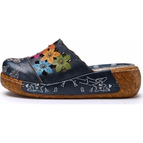 Genuine Leather Shoes Flower Slippers Handmade Slides Flip Flop On The Platform Clogs For Women Woman Slippers Plus Size