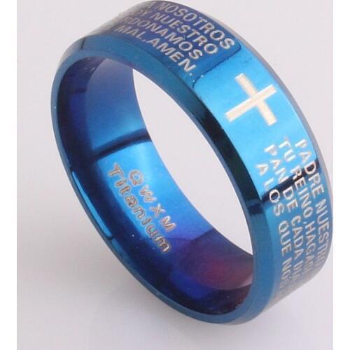 Wholesale Bulk 10Pcs Titanium Steel Ring band Blue Lords Prayer Padre Nuestro Spanish Eternity Men Women Party Valentine Gift QB