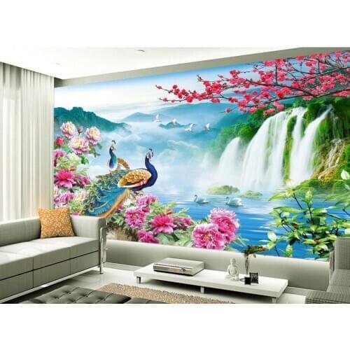 Peacock landscape paintings TV backdrop 3D stereoscopic wallpaper floor 3d room wallpaper landscape