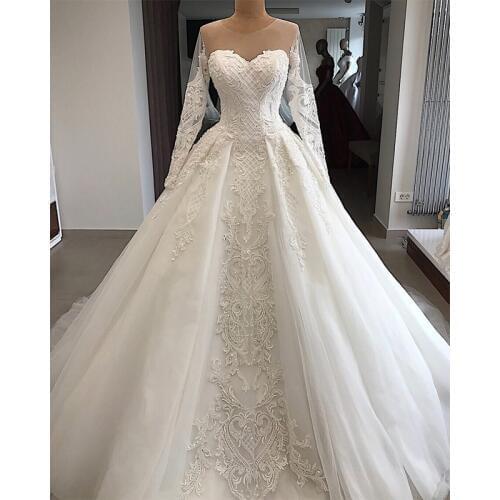 Robe De Mariee Luxury Customized Embroidery Beading Sequined Wedding Dress 2019 Button Illusion Wedding Gowns Chapel Train Dress