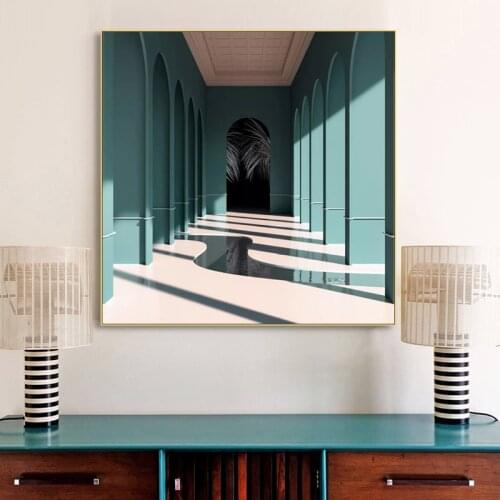 Nordic Blue Corridors Canvas Painting Window Architecture And Sea Landscape Poster Wall Picture Room Modern Art Home Decor