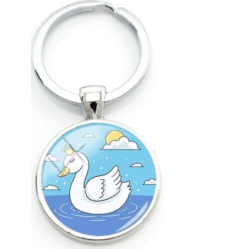 TAFREE Cartoon White Swan Drawing Glass Key Holder Cute Birds Simple Couple Keychains For Lovers Engagement Party Ornament