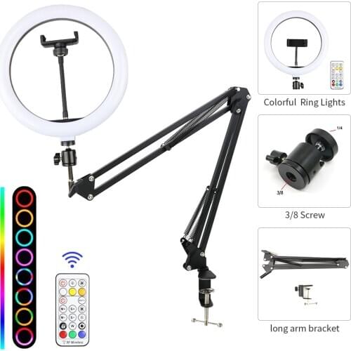 10inch RGB LED Ring Light With Long Arm Holder Stand Selfie Colorful Photography Lighting for Studio Vlogging YouTube Video Live