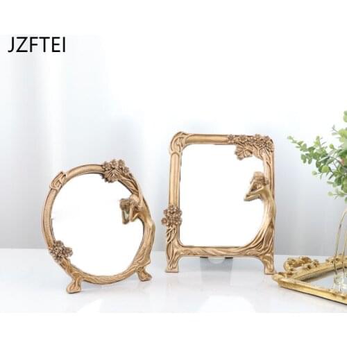 French Retro Resin Make-up Mirror Simple Household Desktop Golden Figure Marked Decorative Mirror Light Luxury Home Decoration