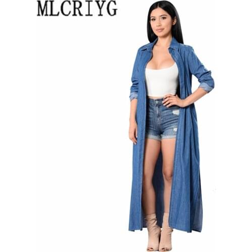 2019 Casual Long Blue Coat Female Spring Autumn Denim Jacket For Women Coats Womens Windbreaker Overcoat abrigo mujer YQ057