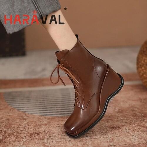 HARAVAL Women Boots Shoes Motorcycle Genuine Leather Cross-Tied Wedges Black Brown Adult Solid Square Toe Adult Boots WomenE349L