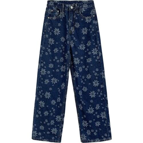 Blue Jeans Woman High Waist Straight Cute Daisy Pattern Harajuku Denim Trousers Autumn Winter 2020 Aesthetic Pants for Ladies