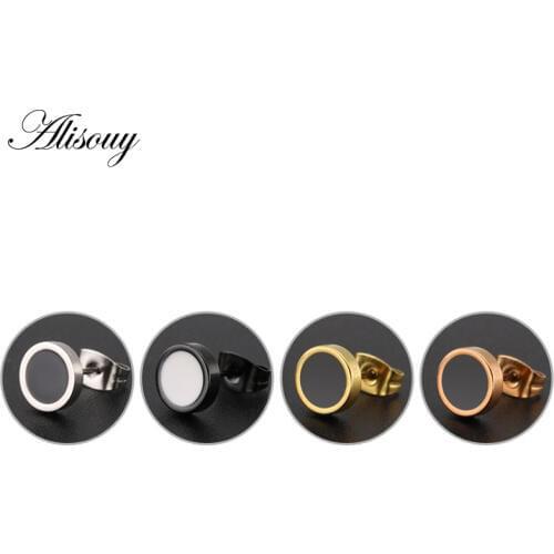 Alisouy 4 Colors 316L Titanium Steel Drops Oil Stud Earrings Round Steel Button Black Center Gift For Men Trendy Accessories