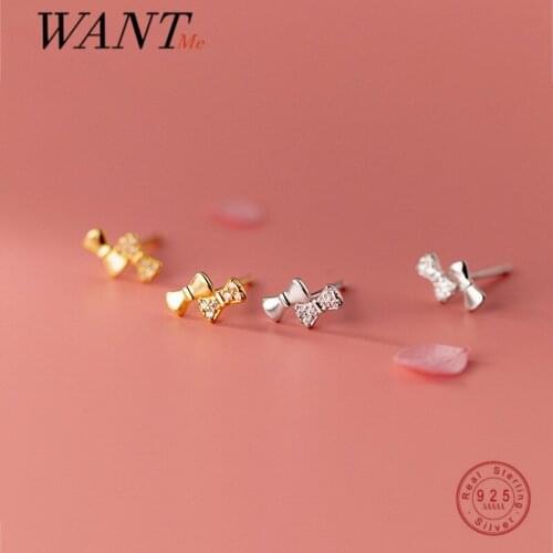 WANTME Real 925 Sterling Silver Cute Girly Butterfly Bow Stud Earrings for Fashion Women Trend Sweet Birthday Party Jewelry Gift