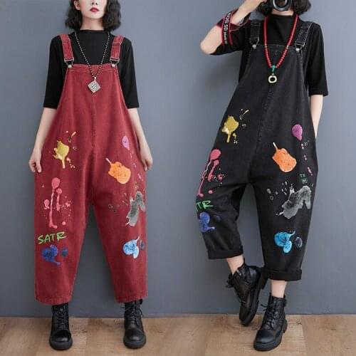 Fashion Denim Bib Long Jeans Pants Korean Personality Fashion Loose Graffiti Letter Print Jumpsuits Women Pocket Overalls Romper