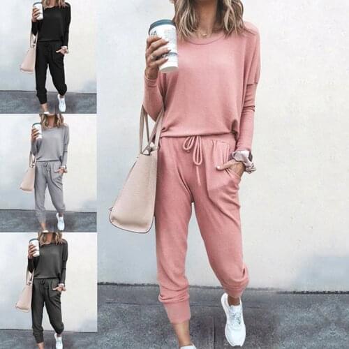 Womens Two-Pieces Set Solid Color Round Neck Pullover Elastic Waist Long-Sleeved Trousers Autumn Winter Loose Casual Homewear