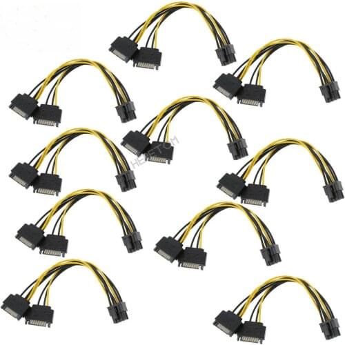 10PCS Dual 15 Pin Male Cable To (6+2) 8 Pin Male PCIE PCI Express Video Card SATA Power Cable Adapter Data Cables 20CM