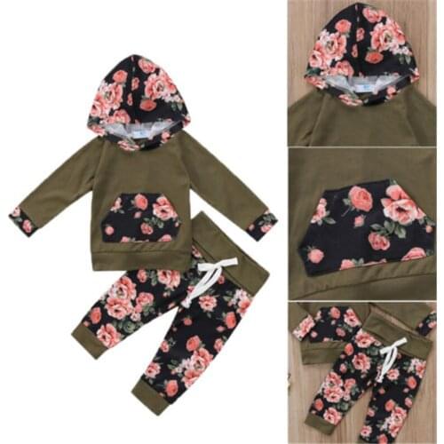 2Pcs Infant Baby Girls Floral Hooded Long Sleeve Sweatshirt Hoodies Tops+Pants Outfits Set 0-24M