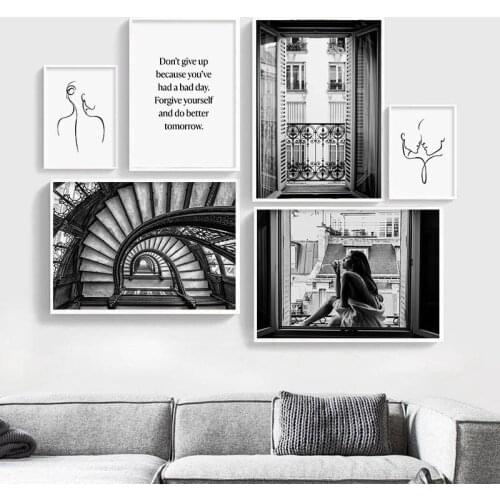 Black & White Window Girl Canvas Wall Nordic Print Posters Abstract Line Drawing Art Painting Inspirational Picture Home Decor