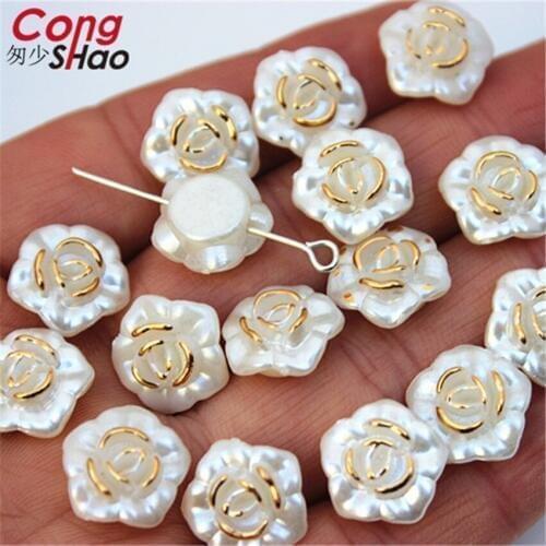 Cong Shao 50pcs 13mm Flatback Flower Sewing 1 Hole Imitation Pearl Beads ABS Acrylic Rhinestone Applique Costume Button ZZ200