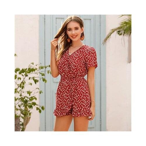 Ladies Pullover Chiffon Jumpsuit Loose Ruffled V-neck Printed Sleeve Floral Shorts Fashion Harajuku Streetwear Women Summer XL