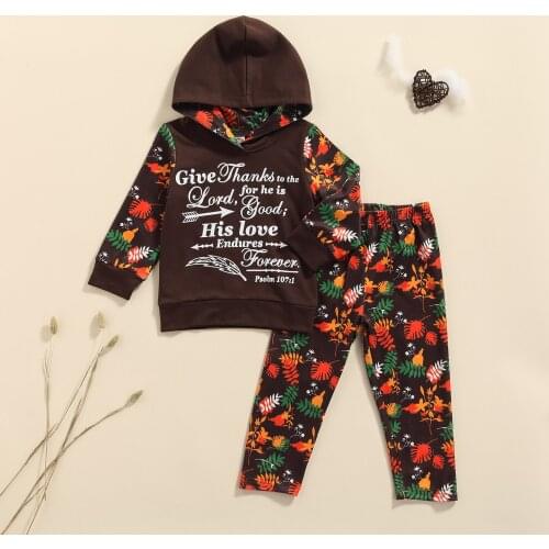 Children Boys Girls Thanksgiving Clothes Set Pattern Brown Hooded Hoodies Trousers 2pcs Autumn Fall Clothing