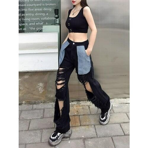 European Spring and Summer New Denim Worn-out Hole Pockets Turned Out Showing Skinny Wide-leg Casual Jeans Pants Women 2021