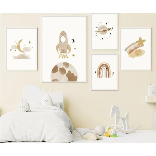 INS Nordic Canvas Painting Rainbow Sun Star Moon Plant Rocket Cartoon Posters and Prints For Kids Room Decoration Wall Pictures