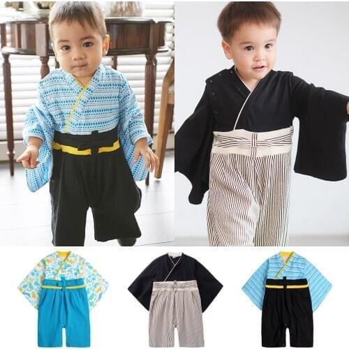 Infant Japanese Style Samurai Kimono For Newborn Boys Yukata Pajamas Cotton Sleepwear Rompers Traditional Asian Clothes