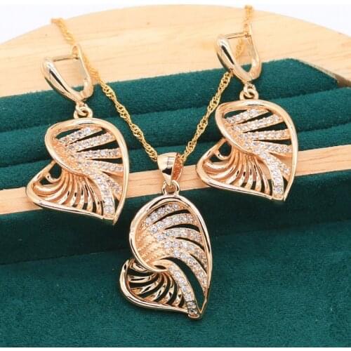 Classic Gold Colored Jewelry Set For Women Party White Crystal Earrings Necklace Pendant Wedding Jewelry Gift 2PCS