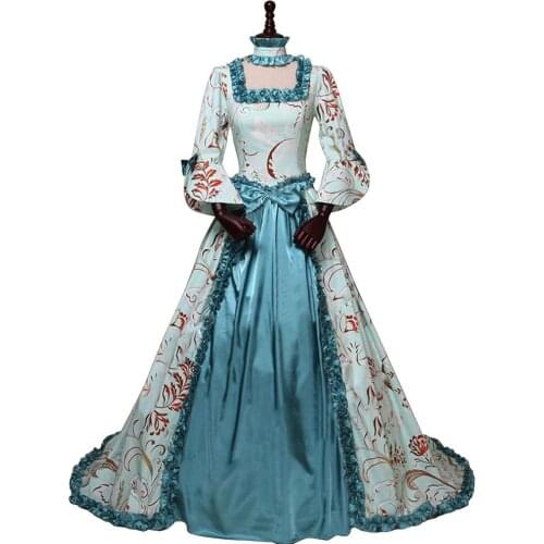 Marie Antoinette Medieval Costume Renaissance Victorian Dress Long Sleeve Floral Print Princess Ball Gown with Train