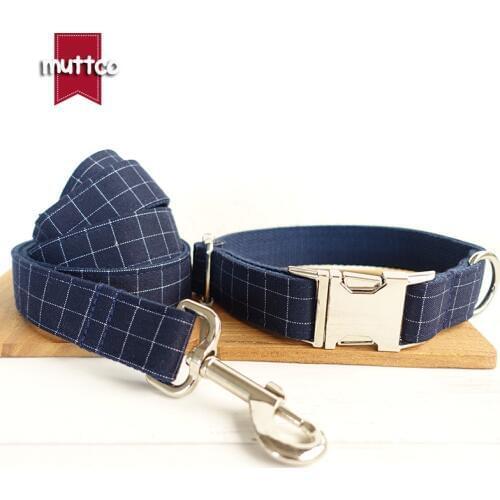 MUTTCO retailing cool plaid handmade dog collar THE DEEP BLUE PLAID 5 sizes comfortable dog collars and leashes set UDC021