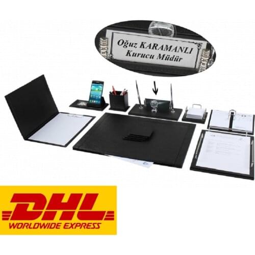 NEVA 12 Pieces Luxury Office Desk Supplies Accessories Black Leather Desk Set Desk Pad Mat Organizer Full Set -FREE ENGRAVING