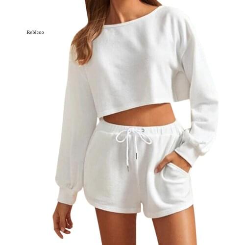 Womens Pyjama Sets Long Sleeve Short Pants Solid Color Cotton Female Spring & Summer Home Clothes Ladies Fanshion Nightwear
