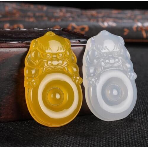 Natural Chalcedony Lion Peace—buckle Jade Pendant Jewelry lucky Exorcise evil spirit Auspicious Amulet Pendant Fine Jewelry
