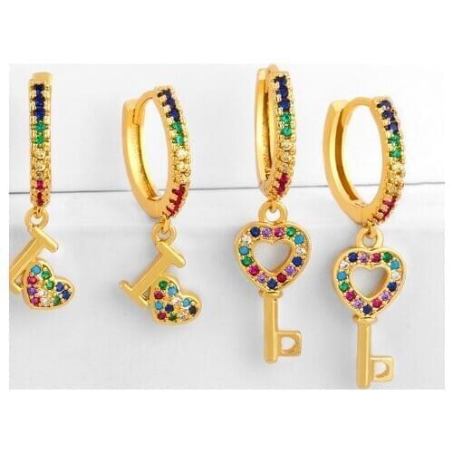 Key multicolor Brass micro pave cz zircon cubic zirconia drop Hoop Earrings studs copper gold plated crystal ytu3
